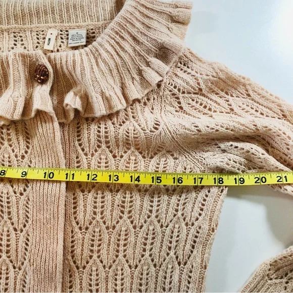 Anthropologie Moth Women’s S, Ruffled Collar, Tan Crochet Cardigan Sweater, Wool - Picture 8 of 13